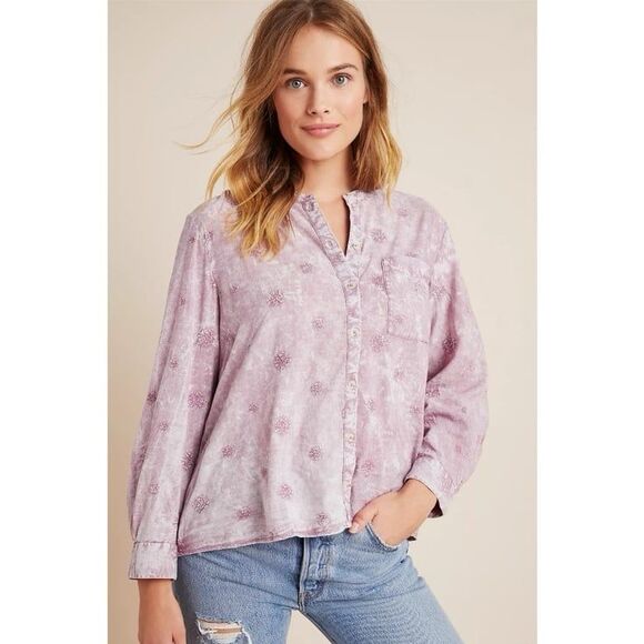 Anthropologie Pilcro The Whitney Embroidered Trapeze Buttondown in Lilac Size M - Picture 4 of 10
